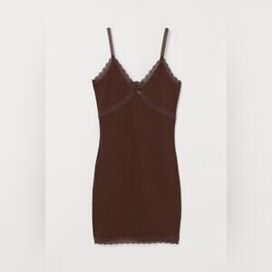 H&M Brown Ribbed Stretch Bodycon Lace Mini Dress Adjustable Y2K Size M Divided